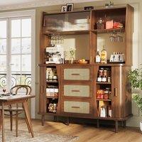 Rattan-Look Front Sideboard with Glass Sliding Doors, Space-Saving Storage Cabinet with 3 Drawers, 140L x 40.5W x 174.5H cm, Walnut Aosom UK