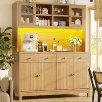Modern Tall Buffet Cabinet with App-Controlled RGB LED, Versatile Storage Cabinet for Kitchen, 140L x 38.5W x 180H cm, Natural Aosom UK