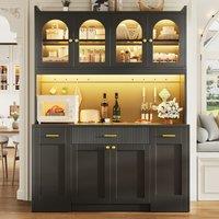 Kitchen Cabinet with App-Controlled RGB LED and Display, Storage Cabinet with Roll-Out Shelves and Drawers, 120L x 40W x 187H cm, Black Aosom UK
