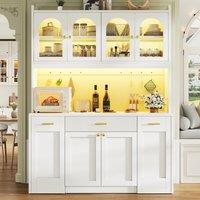 Modern Kitchen Cabinet with App-Controlled RGB LED, Storage Cabinet with Roll-Out Shelves and Glass Doors, 120L x 40W x 187H cm, White Aosom UK