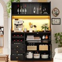 Tall Kitchen Cabinet with App-Controlled RGB LED and Glass Doors, Storage Unit with Wine Rack and 3 Drawers, 120L x 40W x 180H cm, Black Aosom UK