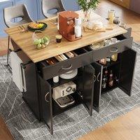 Rolling Island Trolley with Adjustable Shelf, Cabinet and Drawers, Spice and Towel Rack, Ideal for Kitchen, 128L x 50W x 90.5H cm, Black Aosom UK