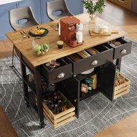 Rolling Kitchen Island Trolley with 3 Drawers, Adjustable Shelf, Spice Rack, Utility Cart with Rolling Casters, 120L x 45W x 90H cm, Black Aosom UK