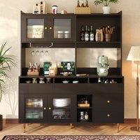 Multi-Layered Storage Cabinet with Glass Doors, Wine Glass Holder, Versatile Storage Unit with Raised Design, 145L x 39W x 171H cm, Black Aosom UK