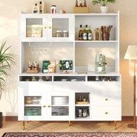 Multi-Purpose Storage Cabinet with Glass Door, Wine Glass Holder, Metal Handles, Multi-Layered Storage Unit, 145L x 39W x 171H cm, White Aosom UK