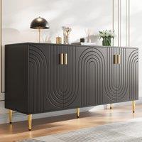 Modern Sideboard with 4 Doors, 2 Drawers and Wave-front Design, MDF Storage Unit with Metallic Handles and Feet, 152L x 40W x 75H cm, Black Aosom UK