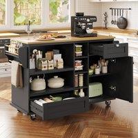Modern Dining Trolley with Drawers, Cupboards and Open Shelving, Mobile Kitchen Cart with Wooden Worktop, 129L x 46W x 92H cm, Black Aosom UK