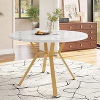 Round Dining Table with X-Shaped Metal Bracket, Marble Texture, Coffee Table for Various Interior Styles, 100L x 100W x 75H cm, Gold+White Aosom.UK