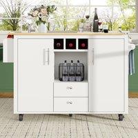 Kitchen Island with Adjustable Shelves, Folding Worktop, Wine Rack, Utility Cart with Towel and Spice Racks, 138L x 73W x 92H cm, White Aosom UK