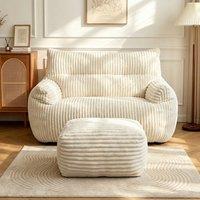 Oversized 2-Seater Corduroy Sofa with Ottoman, Comfortable Couch for Couples and Family, 100L x 135W x 75H cm, White Aosom UK