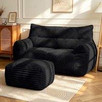 Oversized 2-Seater Corduroy Sofa with Ottoman, Comfortable Couch for Couples and Family, 100L x 135W x 75H cm, Black Aosom UK