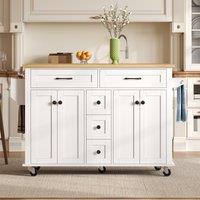 Versatile Kitchen Trolley with Extendable Worktop and 5 Drawers, Sturdy Buffet with Lockable Castors, 140L x 65W x 89H cm, White+Natural Aosom UK
