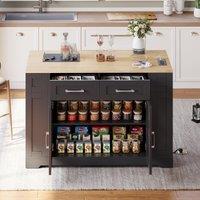 Mobile Kitchen Island with Foldable Tabletop and Sockets, Storage Buffet with Adjustable Shelves, 120L x 65W x 92H cm, Black+Natural Aosom UK