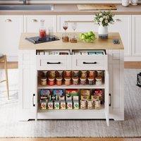 Mobile Kitchen Island with Foldable Tabletop and Sockets, Storage Buffet with Adjustable Shelves, 120L x 65W x 92H cm, White+Natural Aosom UK