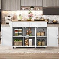 Modern Kitchen Trolley with 2 Drawers and Cabinets, Mobile Kitchen Island with Foldable Tabletop, 129L x 46W x 91.5H cm, White+Natural Aosom UK