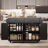 Contemporary Kitchen Storage Trolley with Foldable Dropleaf, Spacious Buffet with Towel Holders, 120L x 71W x 91.5H cm, Black+Natural Aosom UK