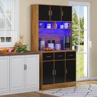 Stylish Tall Pantry Cabinet with App-Controlled LED, Spacious Larder Unit with Water-Resistant Worktop, 100L x 40W x 180H cm, Natural+Black Aosom UK