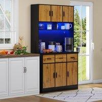 Stylish Tall Pantry Cabinet with App-Controlled LED, Spacious Larder Unit with Water-Resistant Worktop, 100L x 40W x 180H cm, Black+Natural Aosom UK