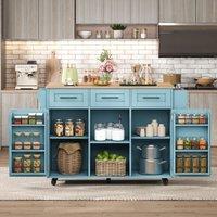 Stylish Kitchen Trolley with Foldable Wood-Grain Countertop, Versatile Buffet with Interchangeable Wheels, 139L x 46W x 91H cm, Blue Aosom UK