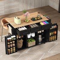 Stylish Kitchen Trolley with Foldable Countertop, Versatile Buffet with Interchangeable Wheels, 139L x 46W x 91H cm, Black+Natural Aosom UK