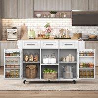 Stylish Kitchen Trolley with Foldable Wood-Grain Countertop, Versatile Buffet with Interchangeable Wheels, 139L x 46W x 91H cm, White Aosom UK