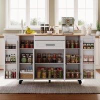 Versatile Kitchen Trolley with Fold-Out Worktop, Spacious Storage Island with Double-Door Cabinets, 136L x 70W x 92H cm, White+Natural Aosom UK