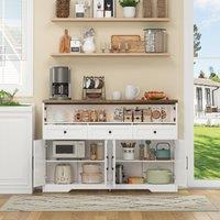 Versatile Sideboard with 2 Cupboards and Smooth‑Glide Drawers, Modern Coffee Bar for Living Room, 140L x 35W x 95H cm, Brown+White Aosom UK