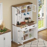 Tall Kitchen Pantry with Drawers and Remote-Controlled LEDs, Stylish Bar Cabinet with Adjustable Shelves, 100L x 40W x 172H cm, Brown+White Aosom UK