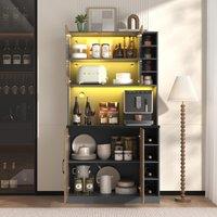 Tall Kitchen Cupboard with LED Lighting, Generous Storage, Freestanding Pantry with Microwave Shelf, 100L x 47W x 187H cm, Natural+Grey Aosom UK