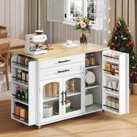 Mobile Kitchen Island Trolley with Lockable 360 Wheels, Glass-Door Storage Cabinet with Adjustable Shelves, 138L x 70W x 90H cm, White Aosom UK