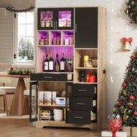 Tall Kitchen Pantry Cabinet with App-Controlled LED Lights, Freestanding Cupboard with Power Outlets, 100L x 40W x 185H cm, Black+Natural Aosom UK
