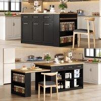 Modern Kitchen Island with Extendable Dining Table, Mobile Breakfast Bar with Marble-Effect Worktop, 150L x 90W x 90H cm, Black+Natural Aosom UK