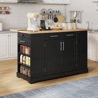 Rolling Kitchen Island Trolley with Woodgrain Worktop, Mobile Storage Cart Unit with Pull-Out Bin Compartment, 138L x 86W x 92H cm, Black Aosom UK