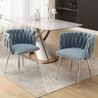 Set of 2 Upholstered Dining Chairs with Silver Legs, Hand-woven Backrest, Boucle Dressing Table Chair for Bedroom, 54x52x73 cm, Light Blue Aosom.UK