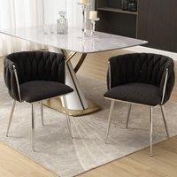 Set of 2 Modern Hand Weaving Dining Chairs with Silver Legs and Armrests, Boucle Upholstered Side Chairs for Kitchen, 54x52x73 cm, Black Aosom.UK