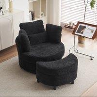 Chenille Swivel Bedroom Chairs with 3 Back Cushions and Crescent Ottoman Stool, Single Sofa for Living room, 107L x 105W x 82H cm, Black Aosom.UK