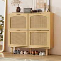 Rattan Narrow Shoe Cabinet with 4 Flip Drawers, Space-Saving Entryway Storage for Hallway, 100L x 25W x 90.5H cm, Light Oak Aosom UK
