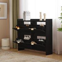 Modern Wooden Shoe Cabinet with 4 Flip Drawers, Space-Saving Storage Organiser with Side Umbrella Hooks, 110L x 24W x 90H cm, Black Aosom UK