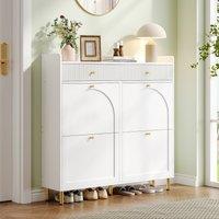 Modern Shoe Cabinet with 4 Flip Doors and 2 Drawers, Space-Saving Entryway Storage Organizer with Handles, 106.5L x 25W x 105.5H cm, White Aosom UK