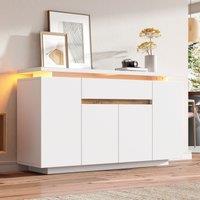 Modern LED Sideboard with 4 Doors and Large Drawer, Freestanding Buffet Cupboard for Living Room, 140L x 40W x 80H cm, White+Natural Aosom UK