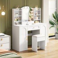 Modern Vanity Desk with Padded Stool and 2 Storage Cabinets, Makeup Dressing Table with Adjustable LED Mirror, 110L x 40W x 132H cm, White Aosom UK