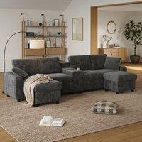 Corduroy U-Shaped Sectional Sofa with 2 Storage Ottomans, Soft Convertible Couch with 2 Type-C Charging Ports, 315L x 135W x 81H cm, Grey Aosom UK