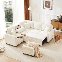 Modern Corner Sofa Bed with Reading Lamp and Cup Holder Table, Soft Pull-Out Sleeper Couch with Ottoman, 205L x 205W x 85H cm, Beige Aosom UK