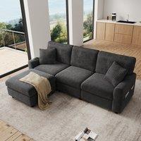 Upholstered Sectional Sofa with USB Type-C Charging Ports, Soft Convertible Couch with 2 square cushions, 223L x 146W x 84H cm, Dark Grey Aosom UK