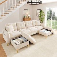 Modern U-Shaped Modular Sleeper Sofa with 2 Storage Ottomans, Soft Convertible Couch 2 Decorative Cushions, 263L x 137W x 85H cm, Beige Aosom UK