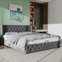 Velvet Fabric Upholstered Bed with Hydraulic Lever and Ample Storage, Functional Storage Bed Frame, without Mattress, 162x209x94.5 cm, Gray Aosom.UK