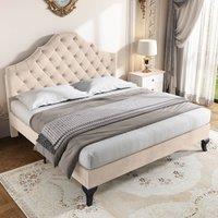 Double Velvet Fabric Upholstered Bed with Adjustable Headboard and Wooden Slat Support, Modern Bedroom Furniture, 137x193x124 cm, Beige Aosom.UK