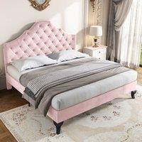 Double Velvet Fabric Upholstered Bed with Adjustable Headboard and Wooden Slat Support, Modern Bedroom Furniture, 137x193x124 cm, Pink Aosom.UK