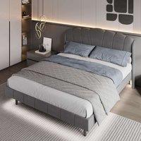 King Size Velvet Fabric Upholstered Bed with Body-Sensing LED Lights and Wood Slatted Frame, without Mattress, 153x203.4x111.5 cm, Grey Aosom.UK