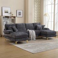 U-Shaped Modular Sofa with Pillows, Double Chaise, Rubber Pads, Chenille Fabric Sectional Couch for Living Room, 272L x 136W x 88H cm, Gray Aosom UK